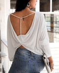 Elegant Long Sleeve Blouse Beaded  Backless Sexy Tops