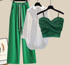 New Wide Leg Trousers White Shirt Wave Bra Vest 3pcs Elegant Women's Tracksuits