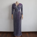 Reflective V Neck Elegant Belt Glitter Maxi Pleated Party Dress