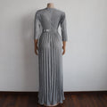 Reflective V Neck Elegant Belt Glitter Maxi Pleated Party Dress