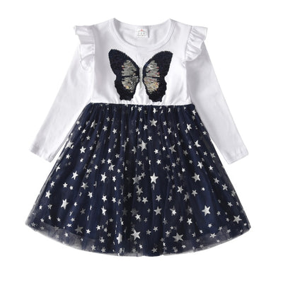 Butterfly Sequins Kids Long Sleeve Dresses