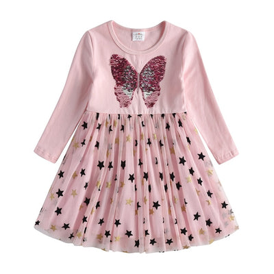 Butterfly Sequins Kids Long Sleeve Dresses