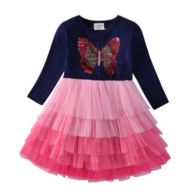 Butterfly Sequins Kids Long Sleeve Dresses