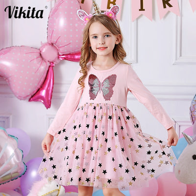 Butterfly Sequins Kids Long Sleeve Dresses