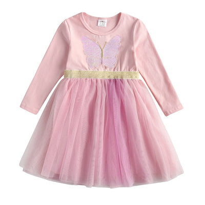 Butterfly Sequins Kids Long Sleeve Dresses