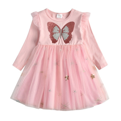 Butterfly Sequins Kids Long Sleeve Dresses