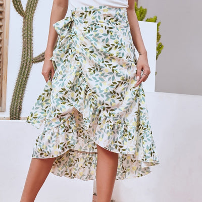 High Waist Fashion Wrap Floral Ruffle  Skirts