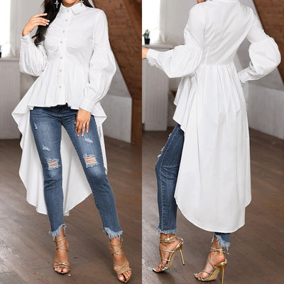 Elegant Ruffles Hem Lapel Shirt