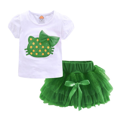 Girls Cute Outfits Cartoon Cat T-shirt and Tutu Skirt Set