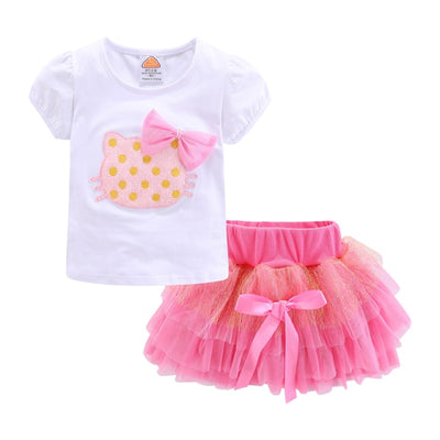 Girls Cute Outfits Cartoon Cat T-shirt and Tutu Skirt Set