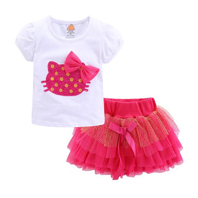 Girls Cute Outfits Cartoon Cat T-shirt and Tutu Skirt Set