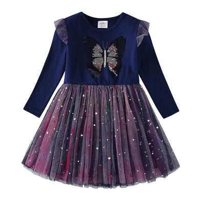 Butterfly Sequins Kids Long Sleeve Dresses