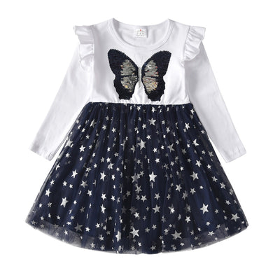 Butterfly Sequins Kids Long Sleeve Dresses