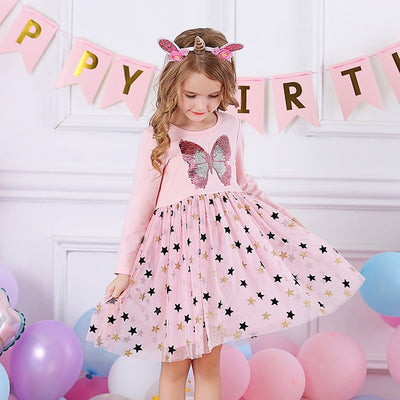 Butterfly Sequins Kids Long Sleeve Dresses