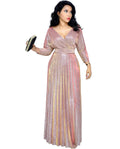 Reflective V Neck Elegant Belt Glitter Maxi Pleated Party Dress