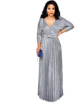 Reflective V Neck Elegant Belt Glitter Maxi Pleated Party Dress