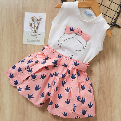 Sleeveless T-shirt and Print Bow Shorts for Girls